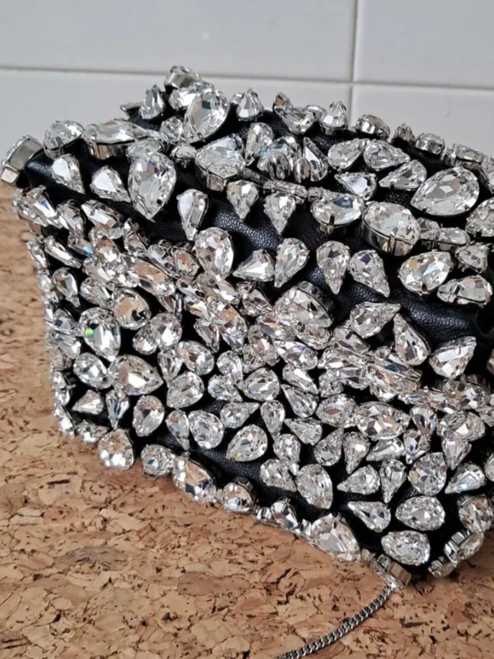 Jil Sander Crystal Embellished Black Leather Clutch Silver Chain Strap NWOT
